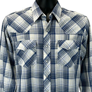 Vintage 80s Saturdays Pearl Snap Button Front Shirt Western Cowboy Blue M Medium